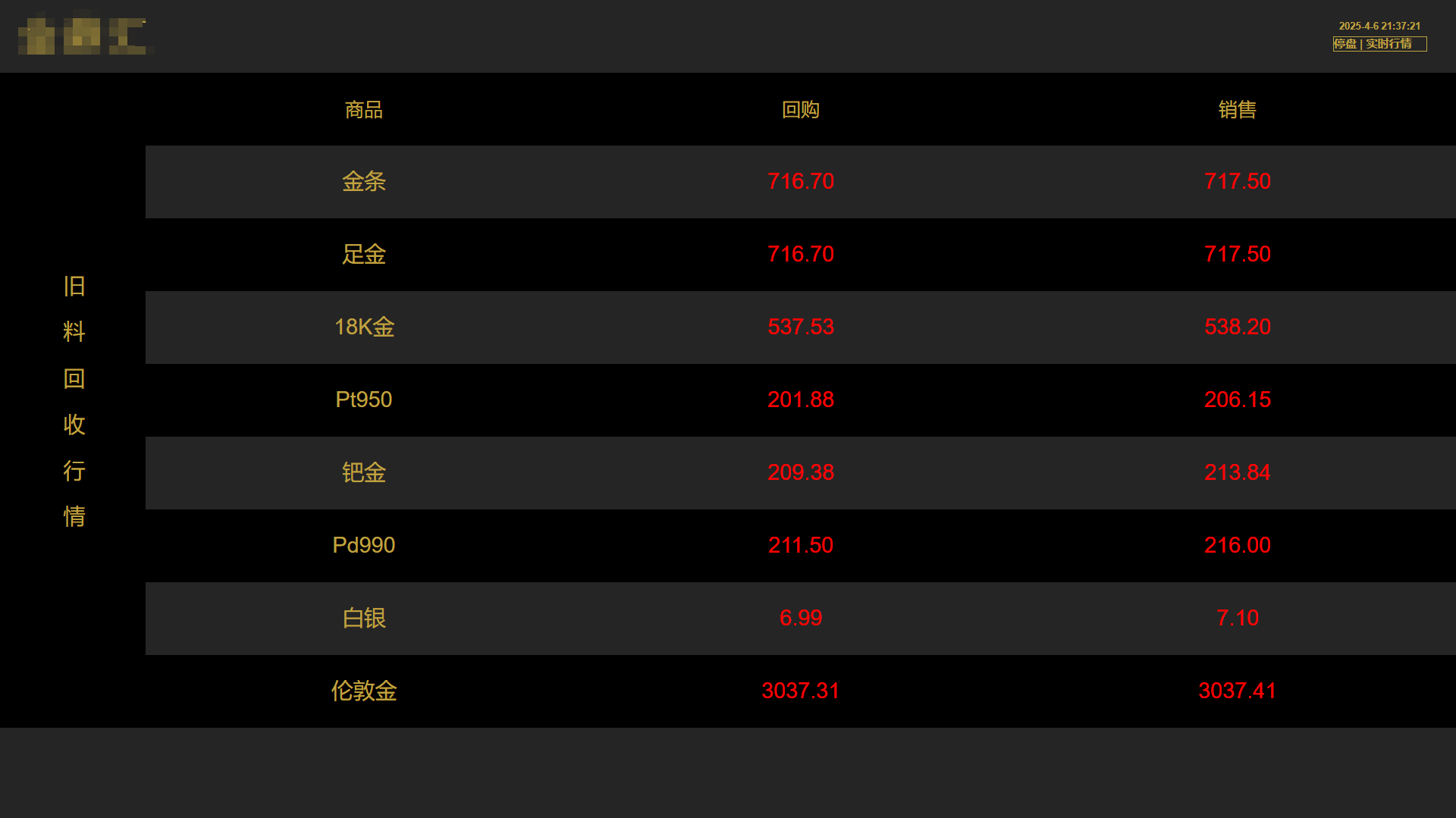 旧料回收样式 电脑电视版 -贵金属实时价系统